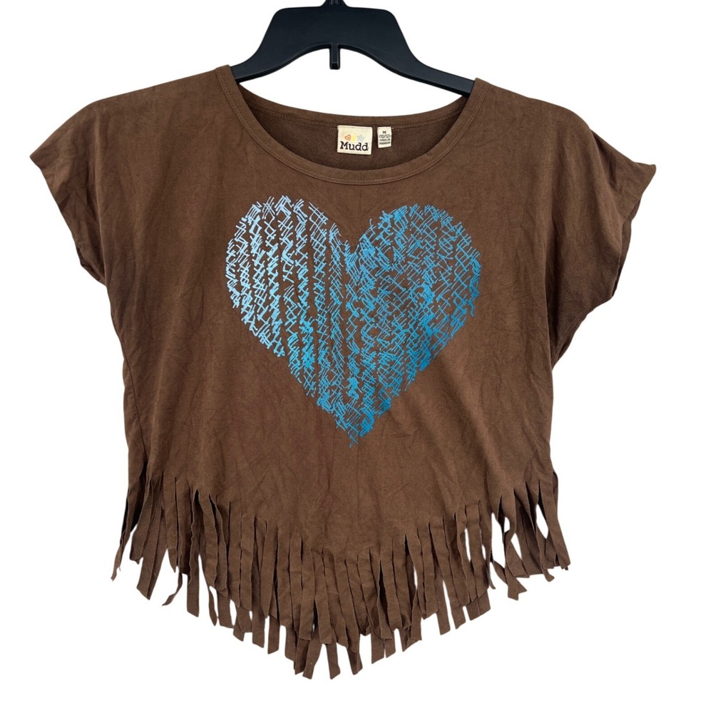Mudd Fringe Crop Top Girls M‎ 10/12 Brown Blue Heart Faux Suede Boho Western